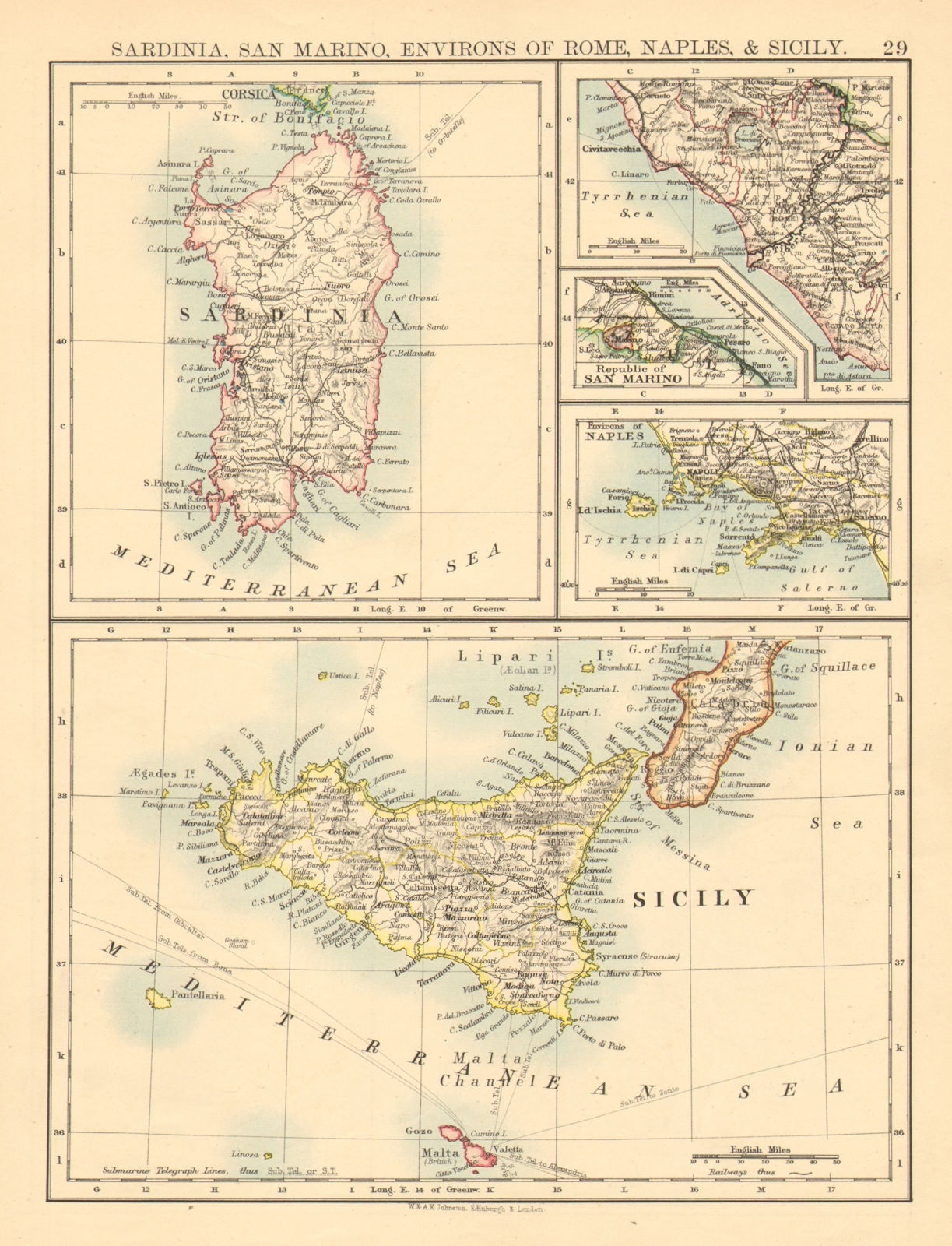 ITALIAN ISLANDS. Sardinia Sicily Ischia Capri Malta S Marino JOHNSTON 1897 map